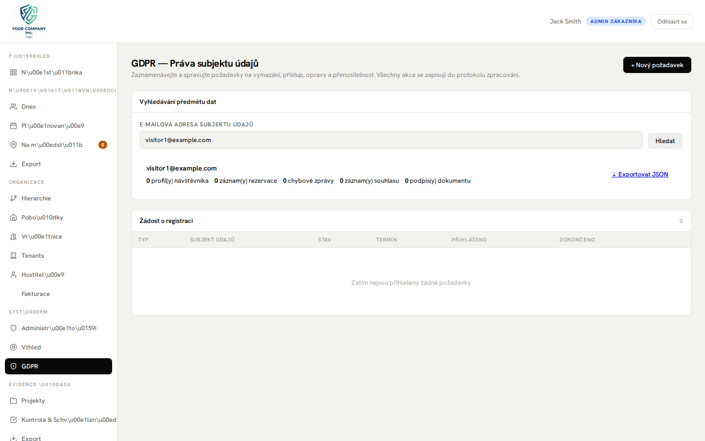GDPR admin panel – vyhledávání dat, mazání a protokol auditu