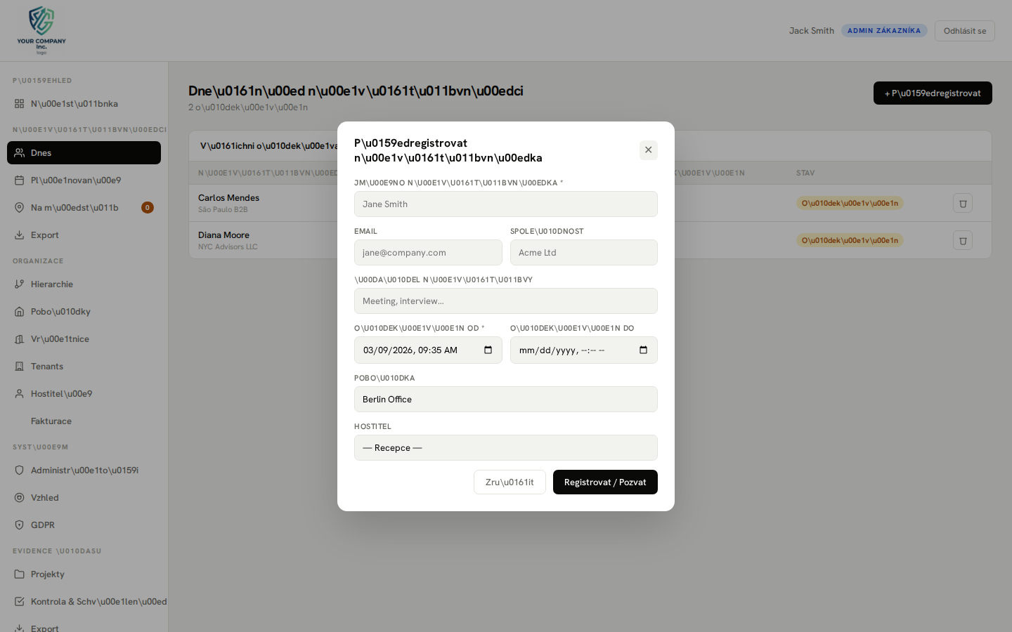 Pre-registration — new visit modal