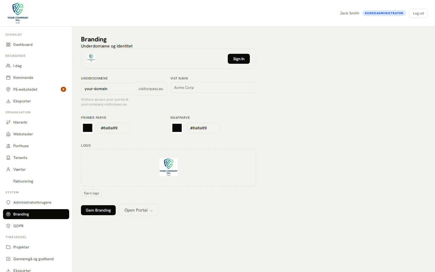 Branding-indstillinger — brugerdefineret logo og farvekonfiguration