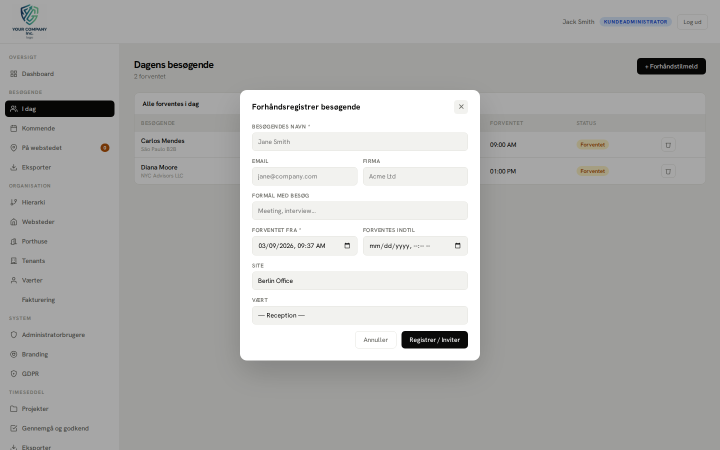 Pre-registration — new visit modal
