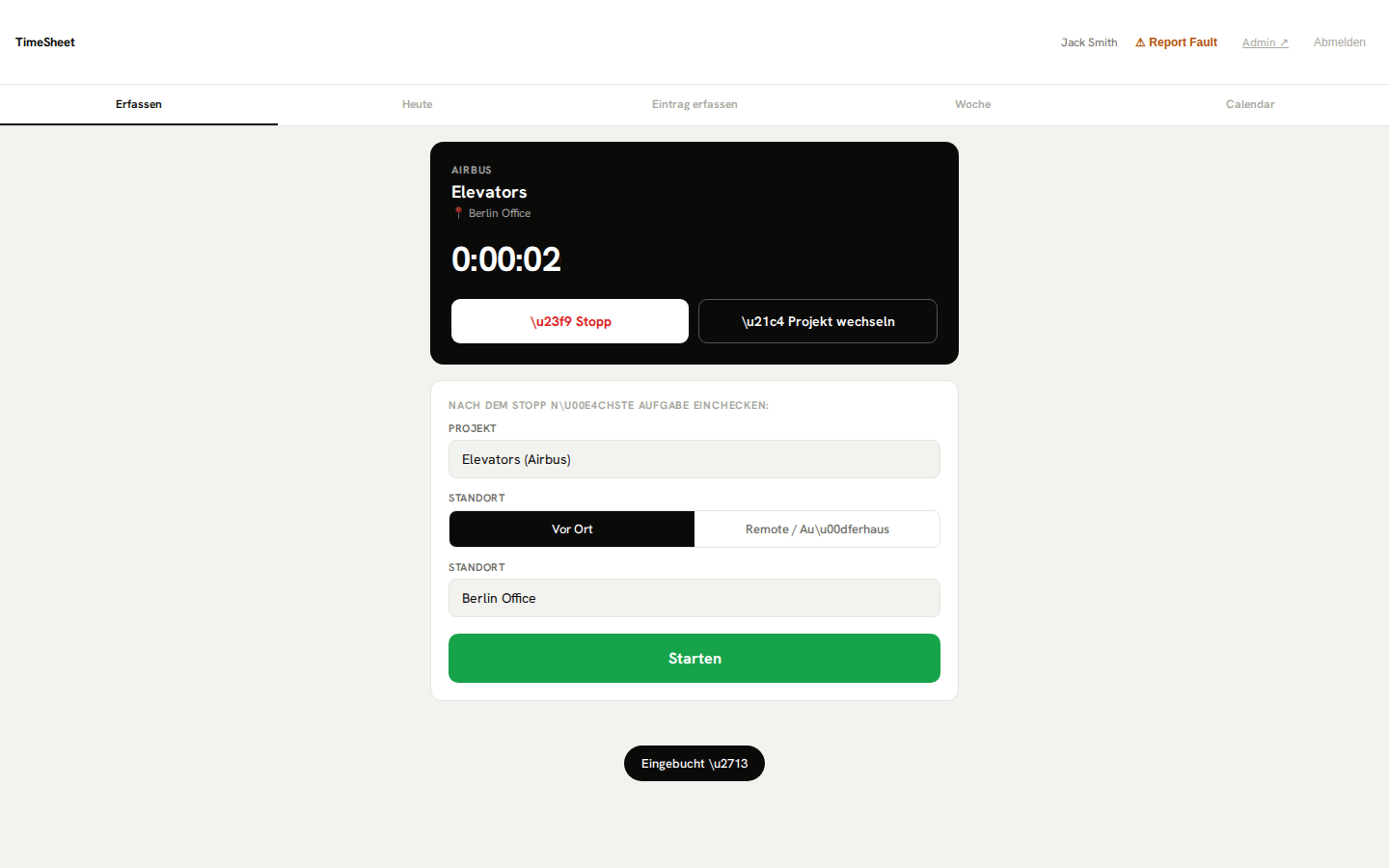 Arbeitszeittabelle – Ein-/Ausstempeln des Mitarbeiters