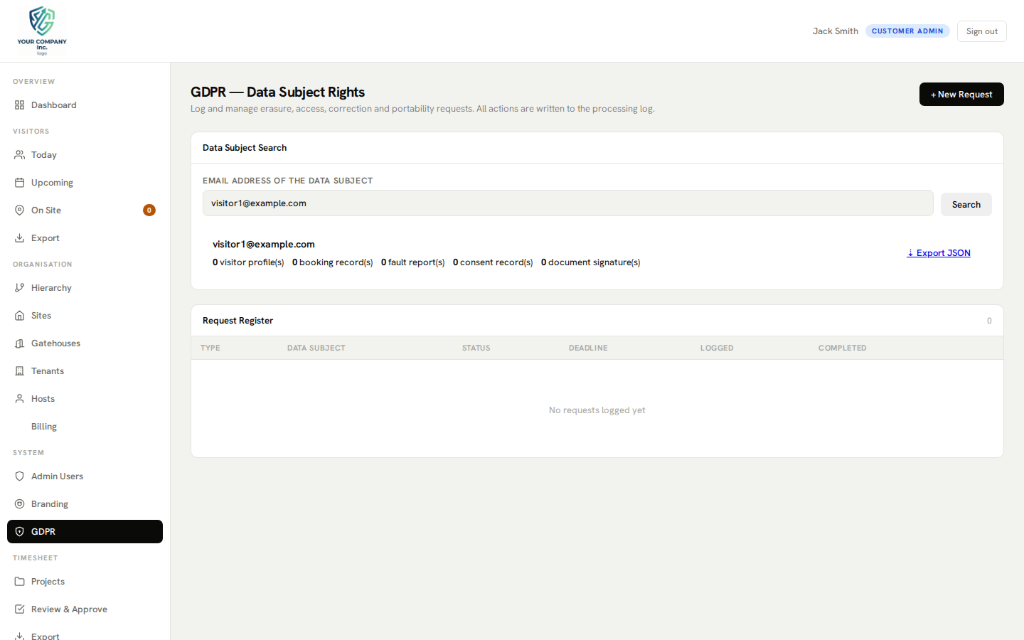 GDPR admin panel — data search, erasure, and audit log