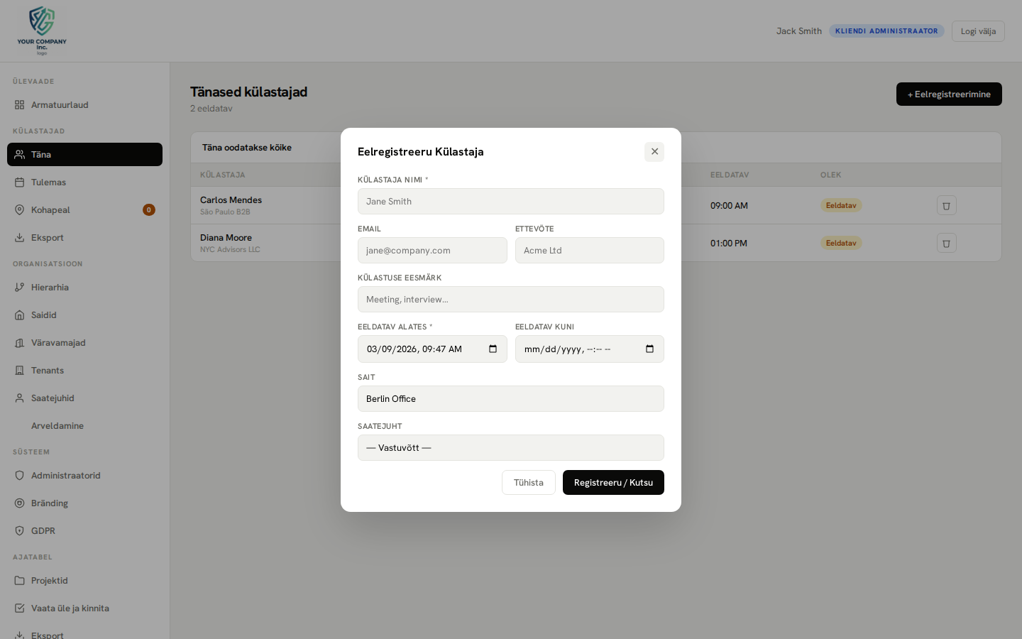 Pre-registration — new visit modal