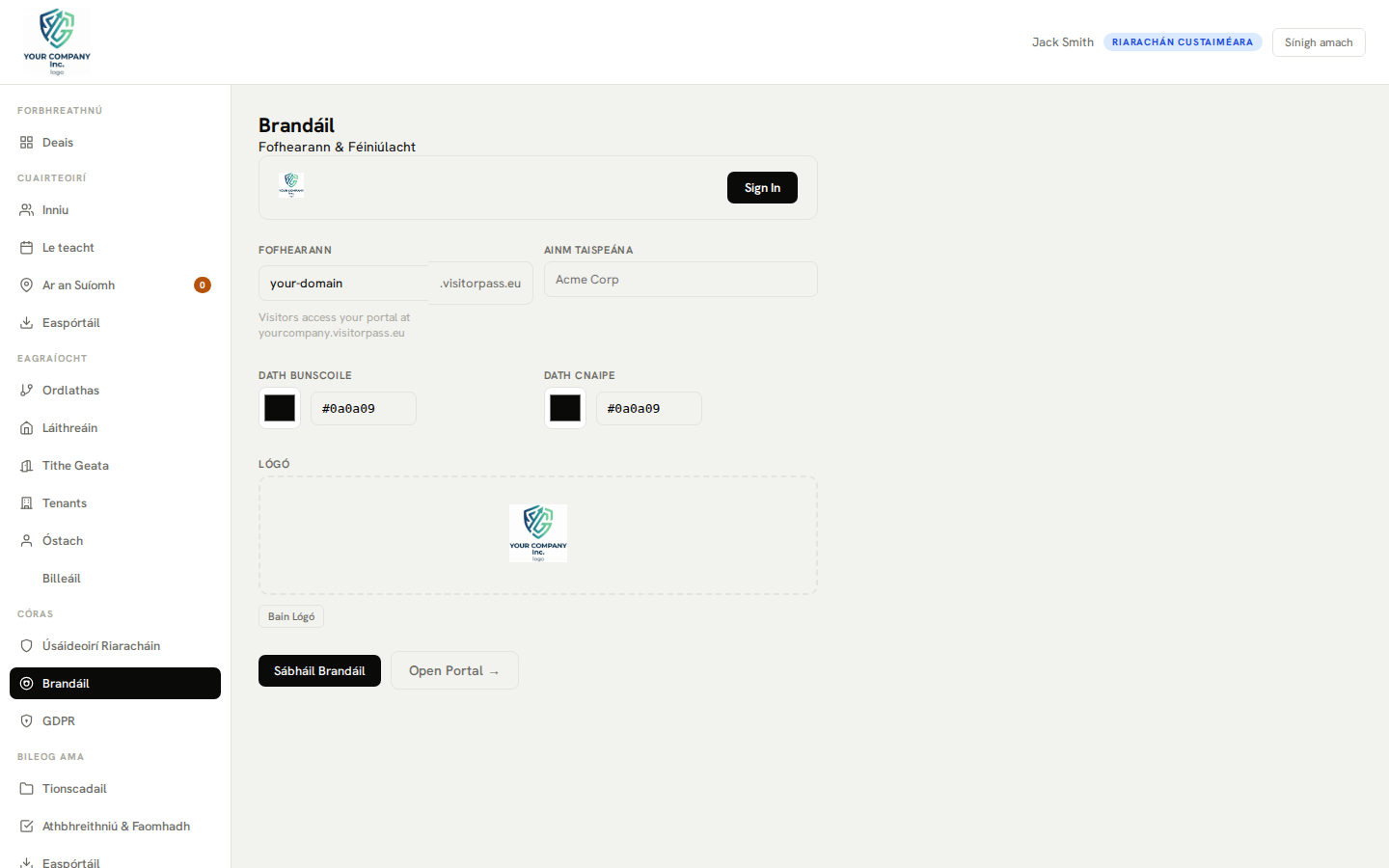 Socruithe brandála - lógó saincheaptha agus cumraíocht datha