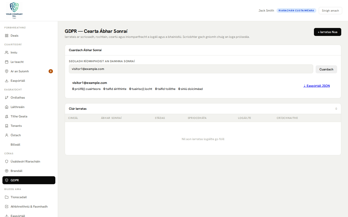Painéal riaracháin GDPR - cuardach sonraí, scriosadh agus logáil iniúchta