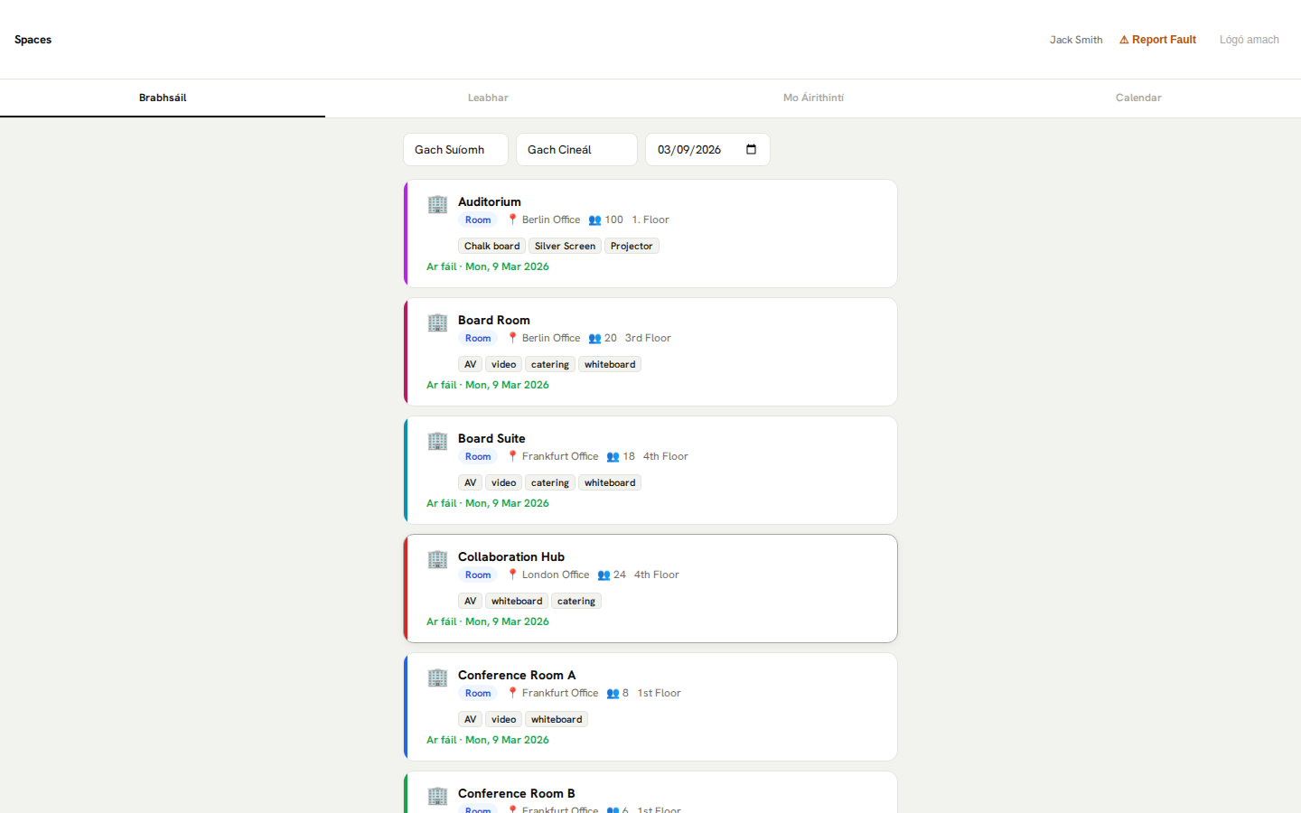 Áirithintí spáis — brabhsáil agus acmhainní a chur in áirithe