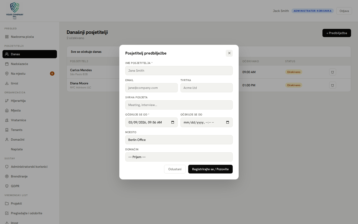 Pre-registration — new visit modal