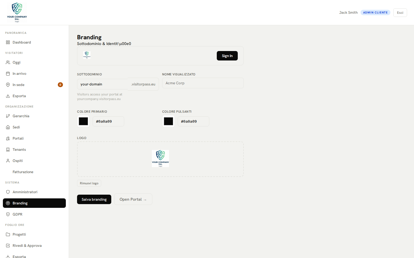 Impostazioni di branding: logo personalizzato e configurazione del colore