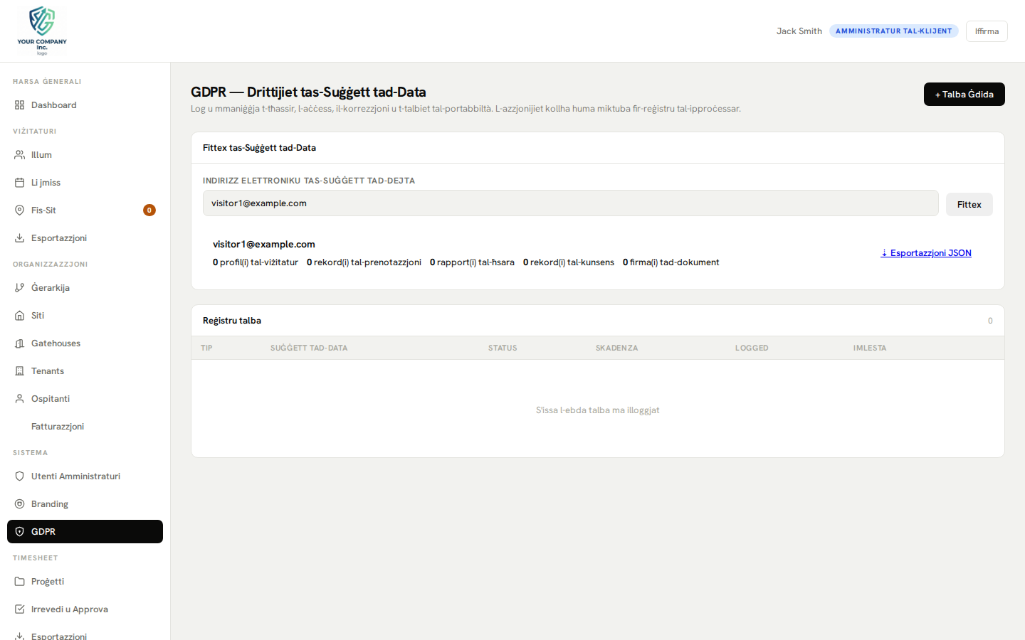 Panel amministrattiv tal-GDPR — tfittxija tad-dejta, tħassir, u log tal-verifika