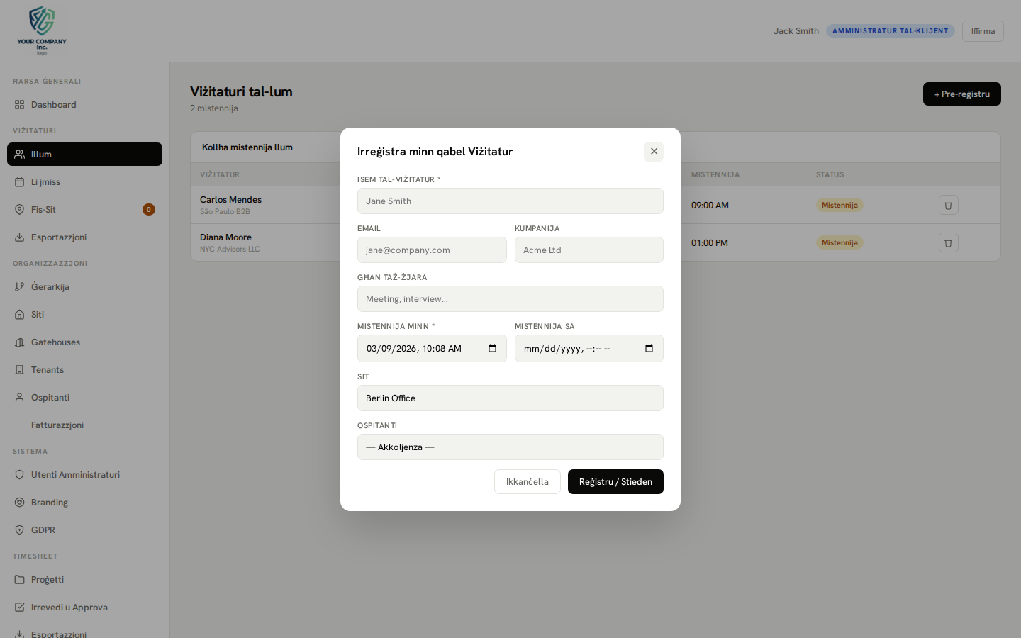 Pre-registration — new visit modal