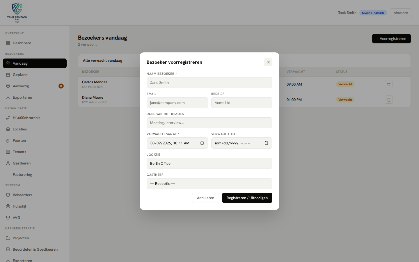 Pre-registration — new visit modal