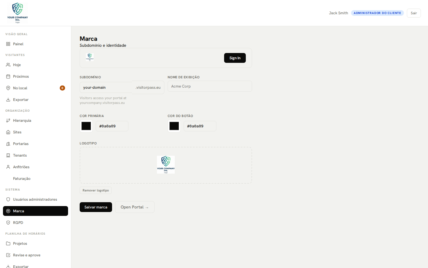 Configurações de marca – logotipo personalizado e configuração de cores