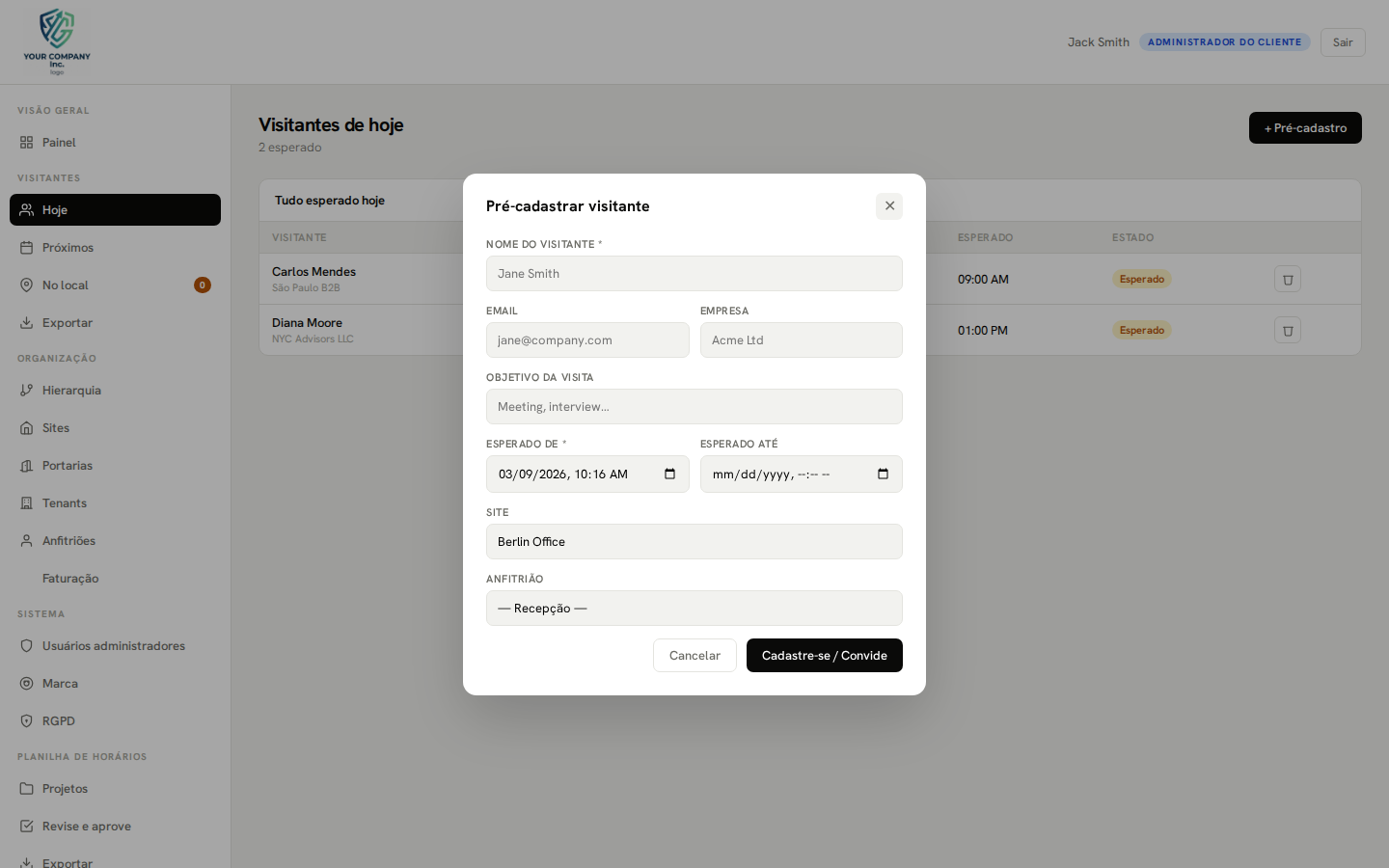 Pre-registration — new visit modal