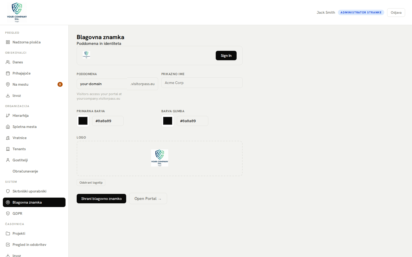 Nastavitve blagovne znamke — logotip in barvna konfiguracija po meri