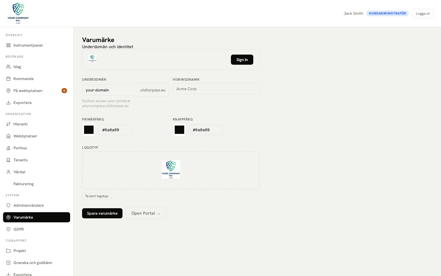 Varumärkesinställningar — anpassad logotyp och färgkonfiguration
