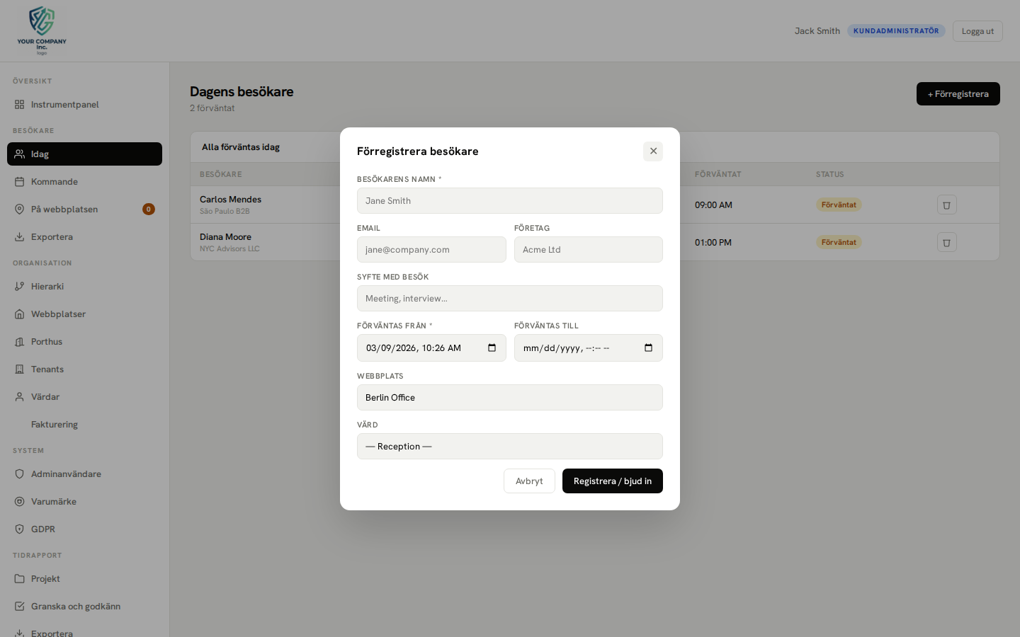 Pre-registration — new visit modal